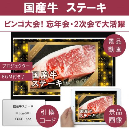 動画で発表！景品セット (国産牛ステーキ250g) 目録引換コード 発表用動画・画像 [ 二次会|ビンゴ|景品|忘年会|ゴルフコンペ|1.5次会 ] 5大特典付！